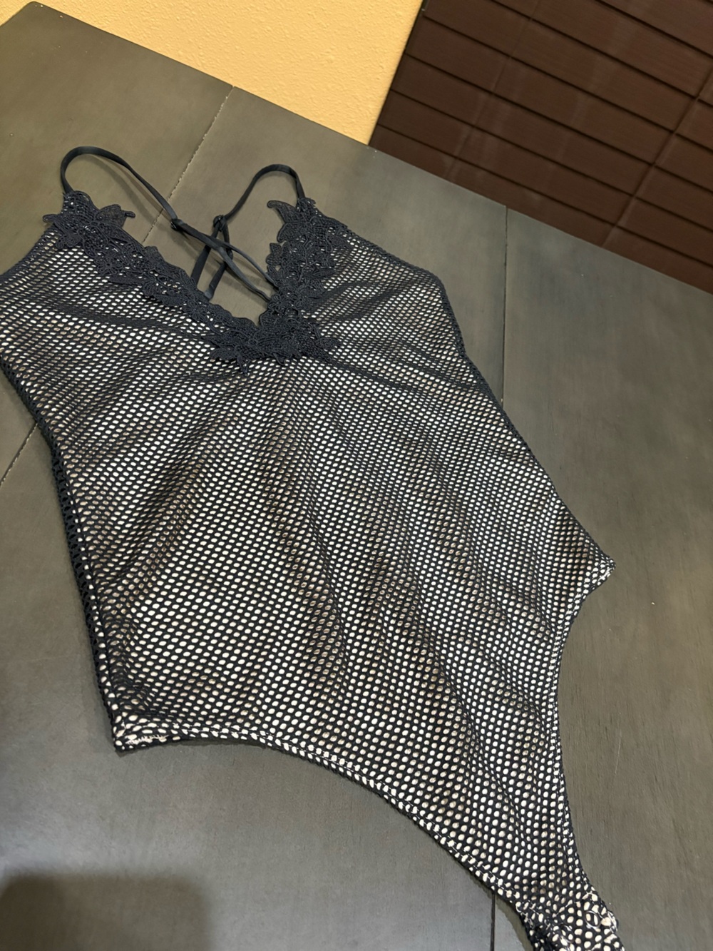Express Black Sheer Mesh Lace-Trim Bodysuit